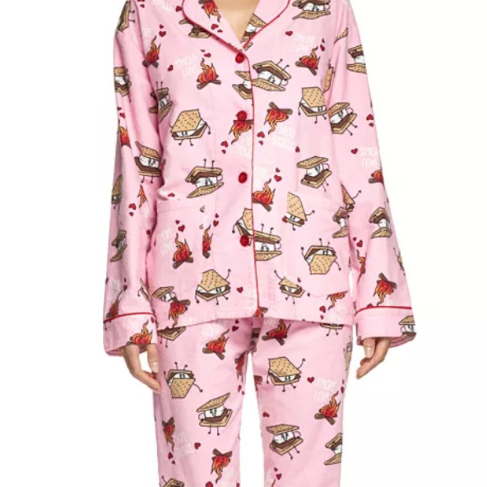 PJ Salvage Smores Print Flannel Pajama Set Pink, Sz Med, NEW with tags